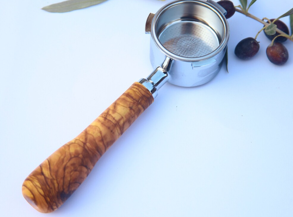 For BREVILLE SAGE 58 mm Bottomless Portafilter with Handle and Basket -American Walnut/Oak , Rosewood and Olive wood