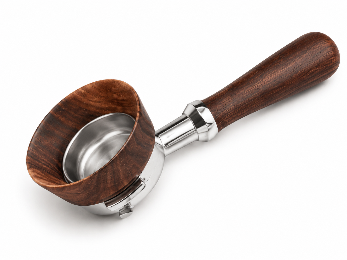A coffee portafilter with a dark brown wood bowl and a matching wooden handle, connected by polished silver metal hardware, shown on a white background.
