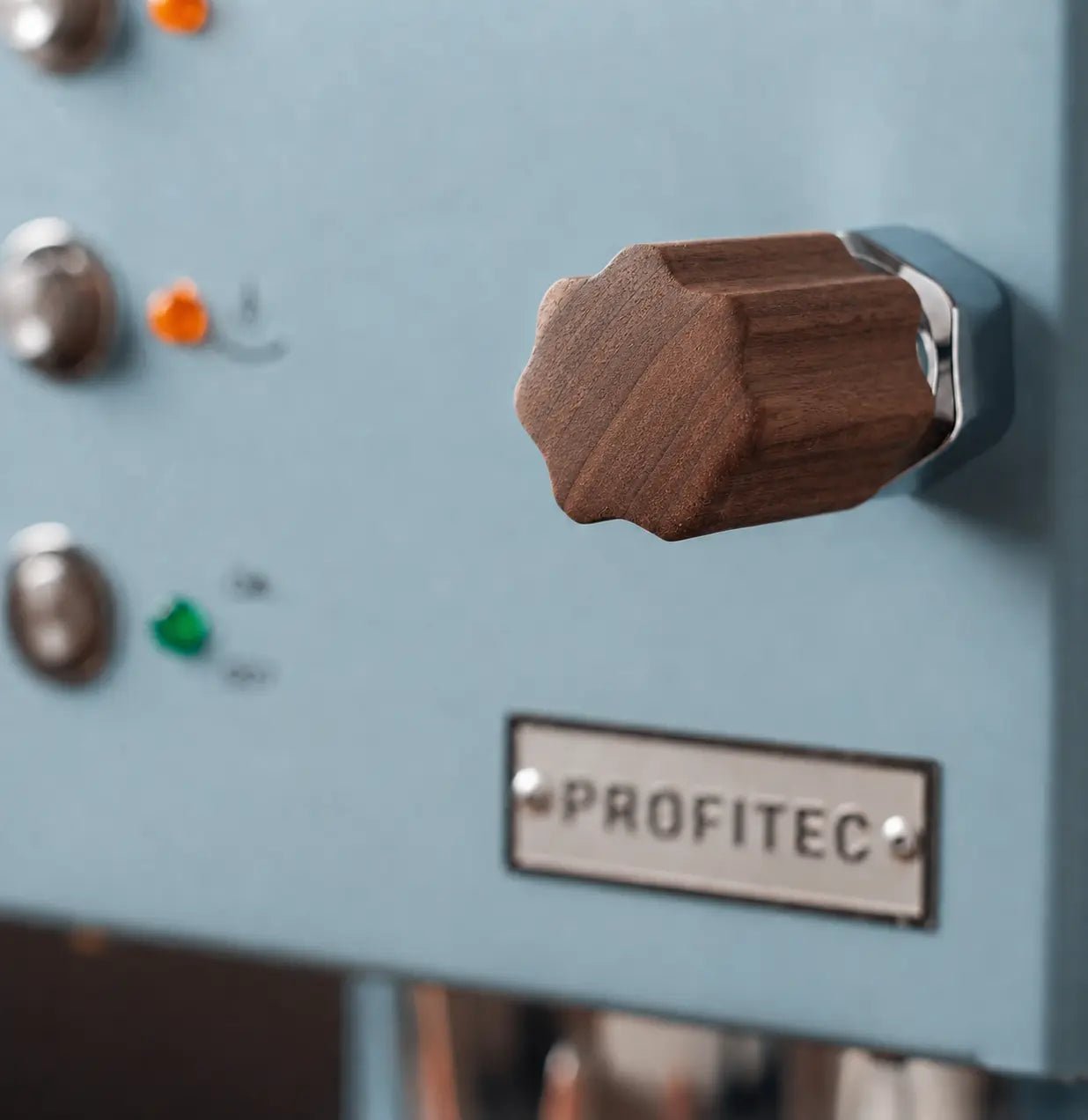 Handcrafted American walnut wooden knob installed on a Profitec GO espresso machine