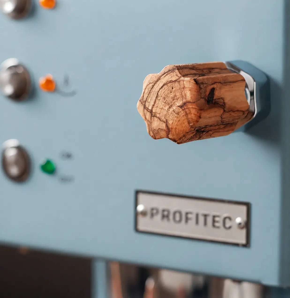 Handcrafted American walnut wooden knob installed on a Profitec GO machine