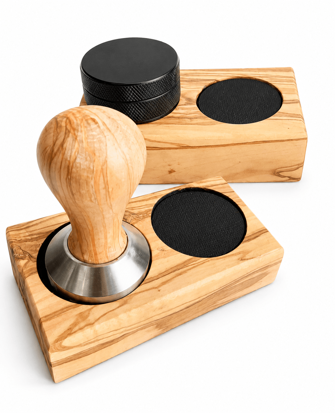 Two wooden coffee tampers with black mesh screens and black textured lids, shown on a clean white background.