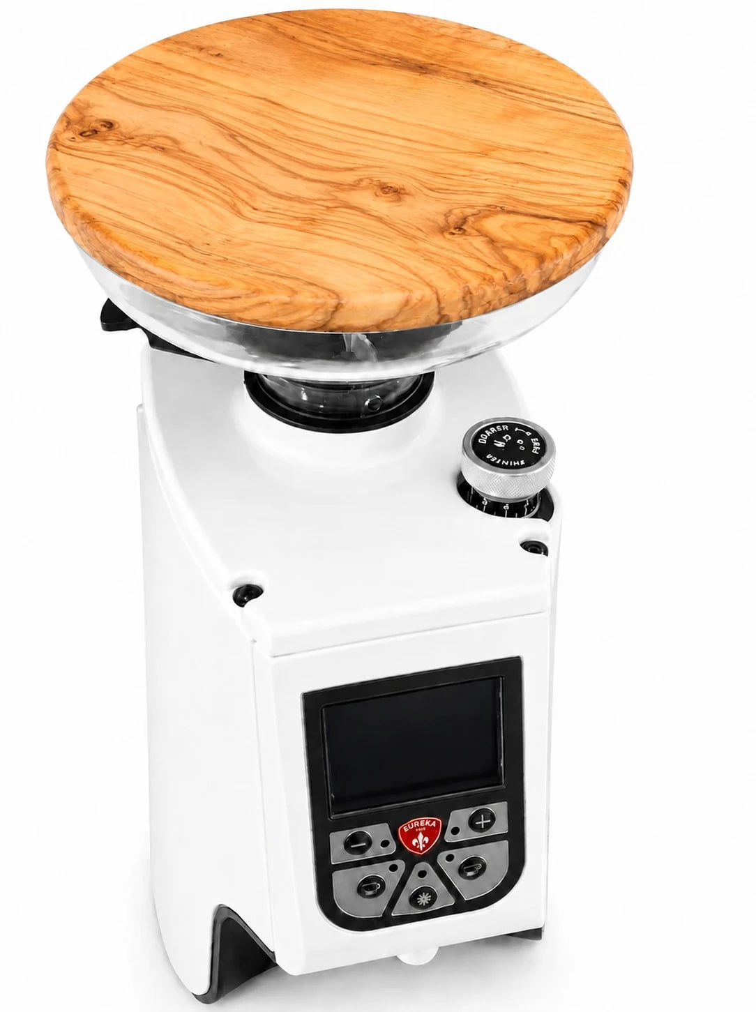 high-quality, professional product photography of a premium wooden lid for a Eureka Atom coffee grinder, studio lighting, crisp focus, pure white background, commercial style