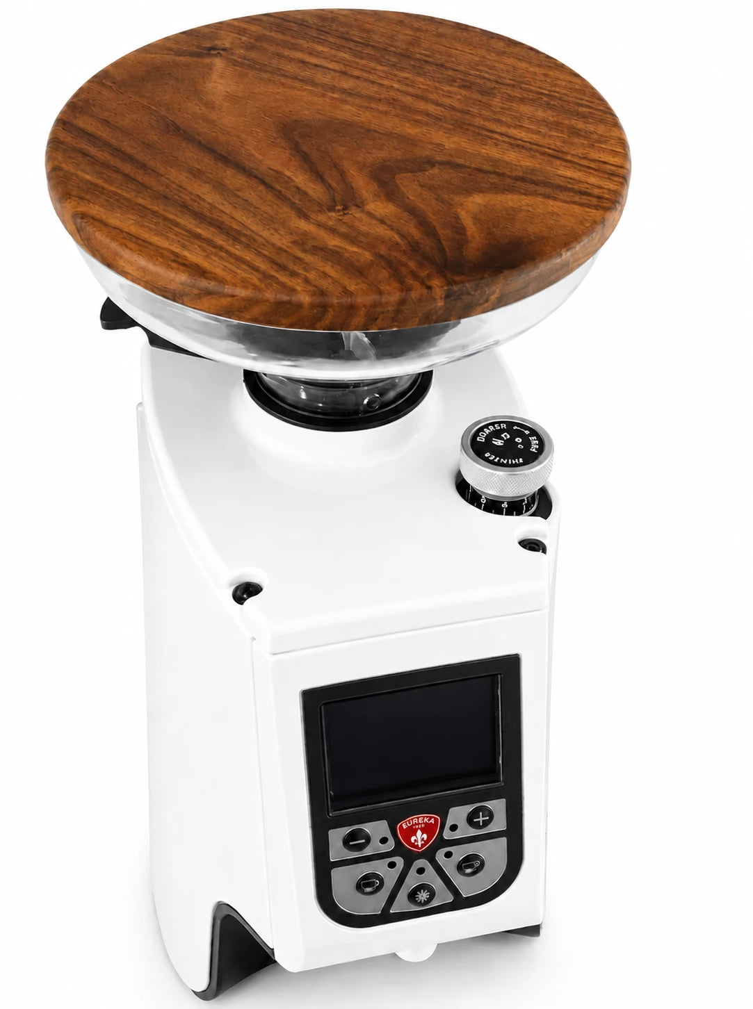 high-quality, professional product photography of a premium wooden lid for a Eureka Atom coffee grinder, studio lighting, crisp focus, pure white background, commercial style