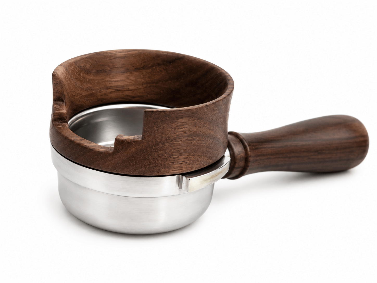 A coffee portafilter accessory with a dark brown wooden top and handle, and a stainless steel base, shown on a white background.