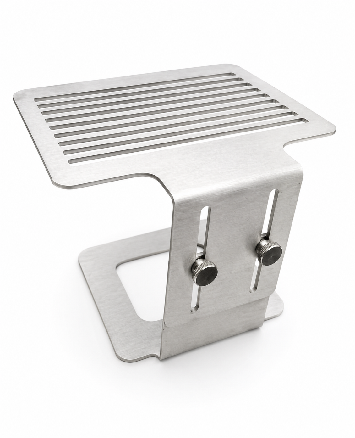A brushed stainless steel footrest with a slatted top and adjustable support legs, shown on a clean white background.
