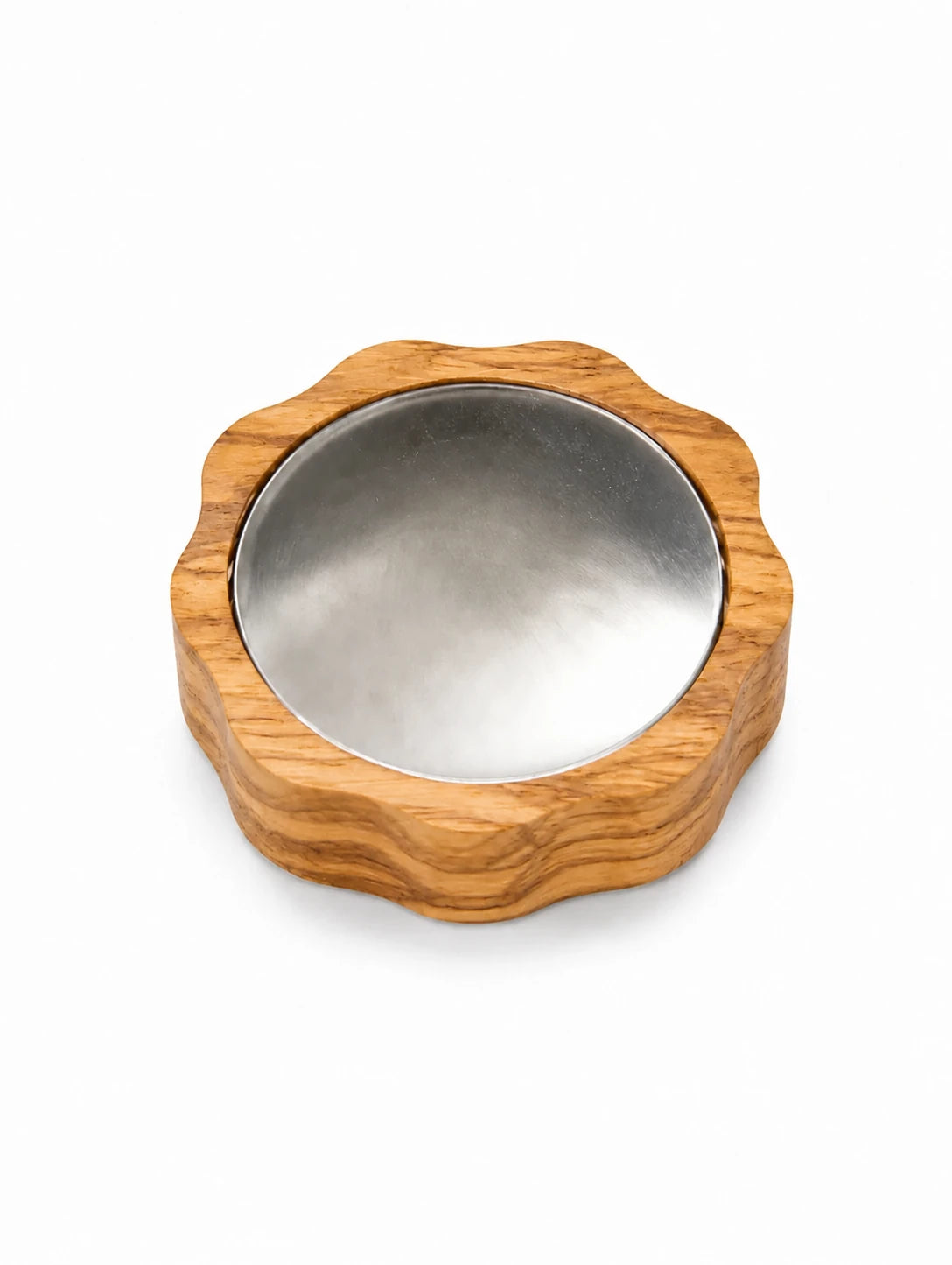 High-end studio product photography of a handcrafted wooden espresso machine knob with a polished metal cap, shot on a pure white background, soft professional shadows, ultra-sharp focus, commercial advertising style