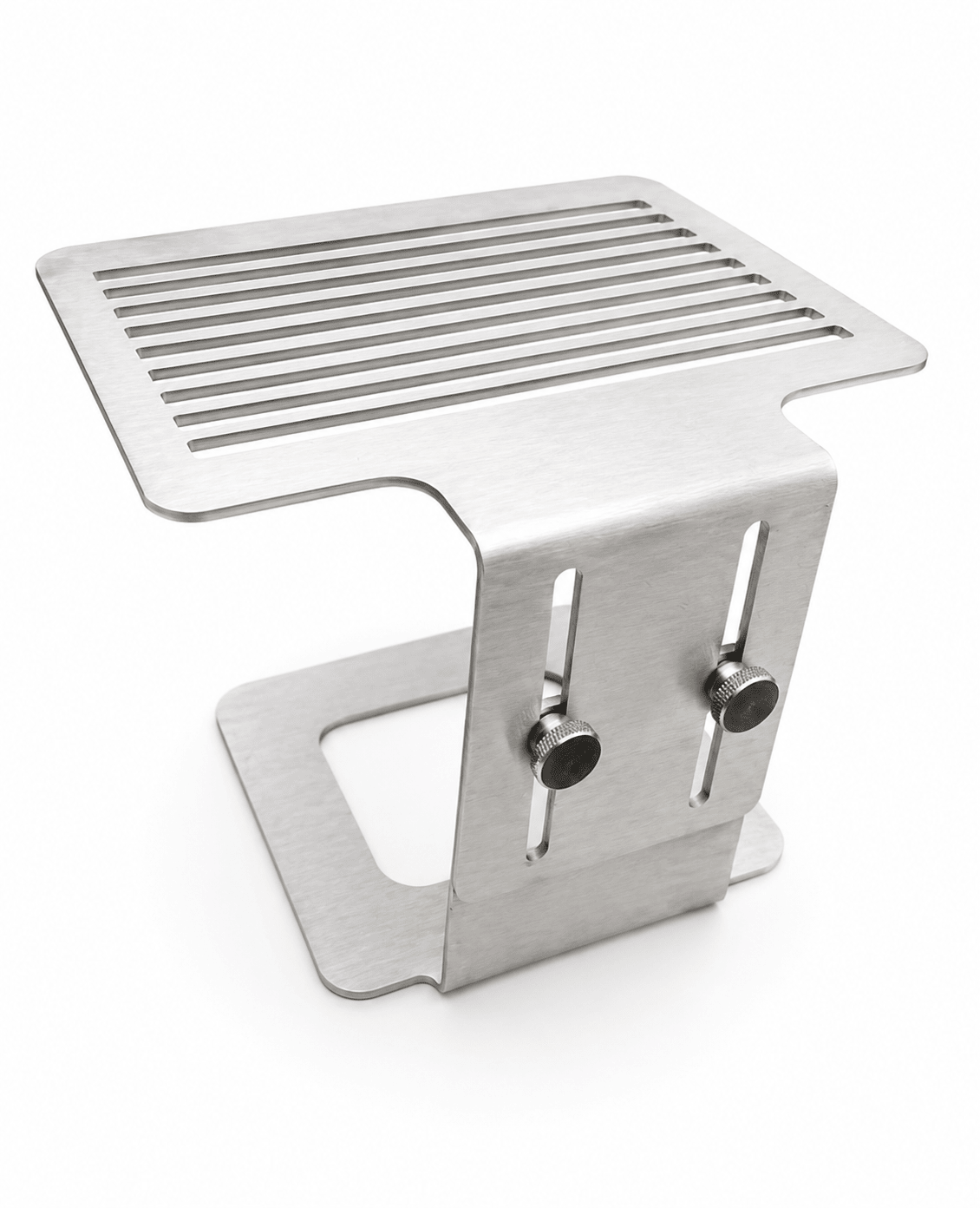 A brushed stainless steel footrest with a slatted top and adjustable support legs, shown on a clean white background.