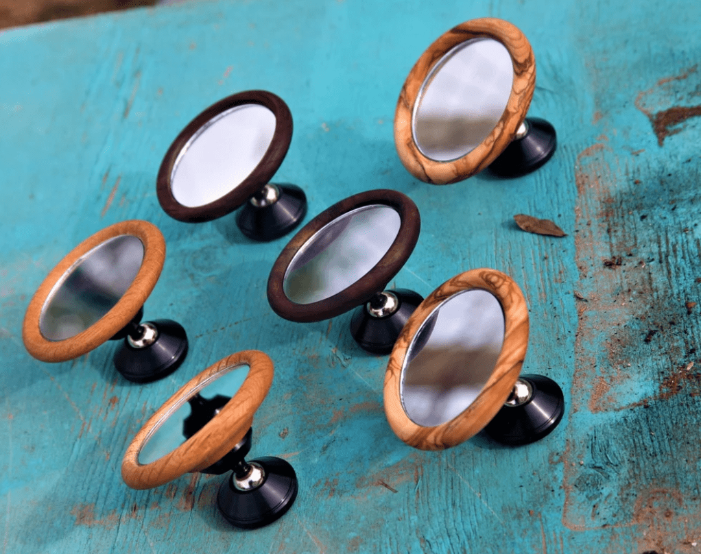 HHandmade Magnetic Shot Mirror - Adjustable Espresso Reflective Mirror in Walnut, Olive, & Oak Wood