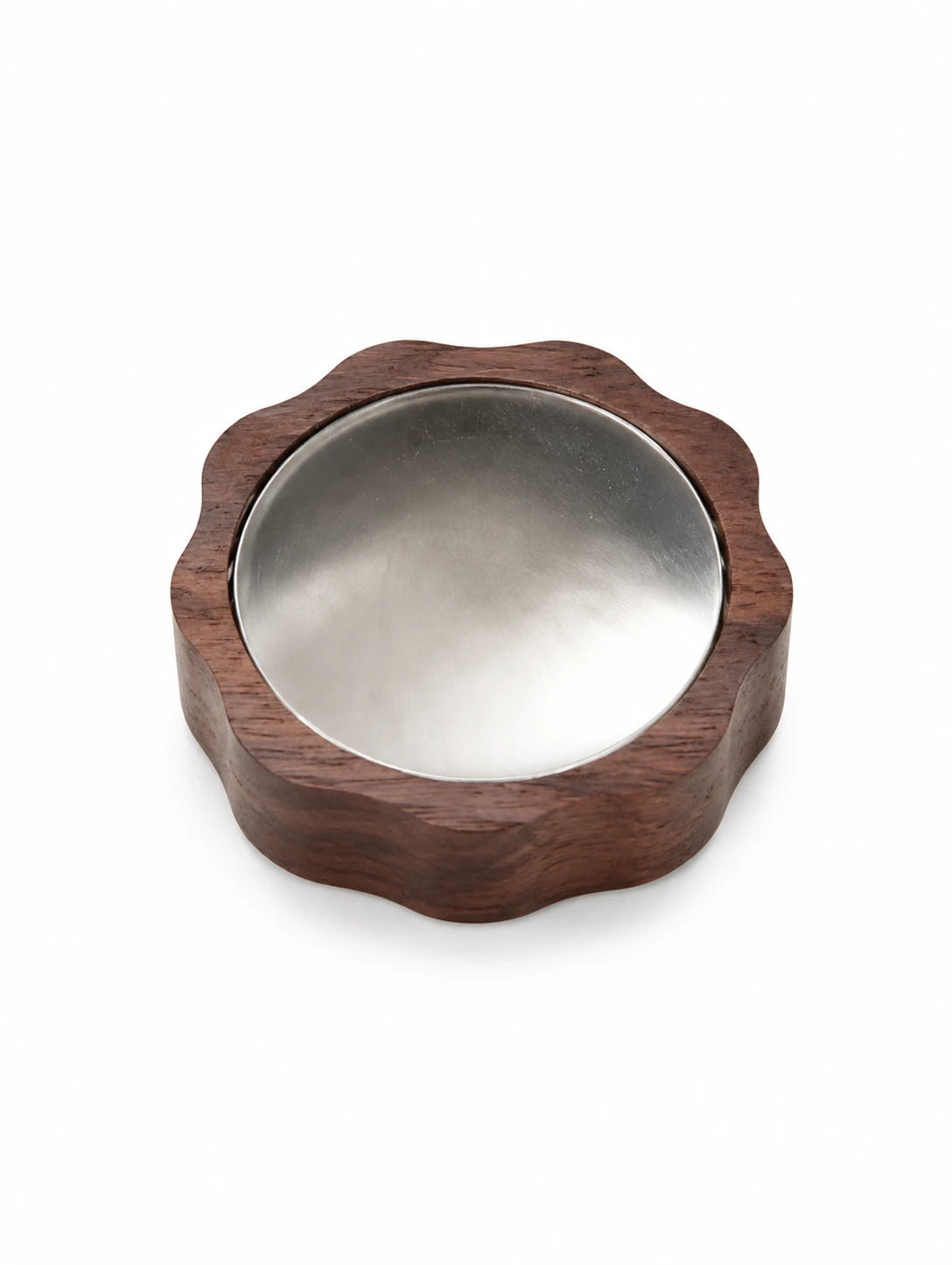 High-end studio product photography of a handcrafted wooden espresso machine knob with a polished metal cap, shot on a pure white background, soft professional shadows, ultra-sharp focus, commercial advertising style