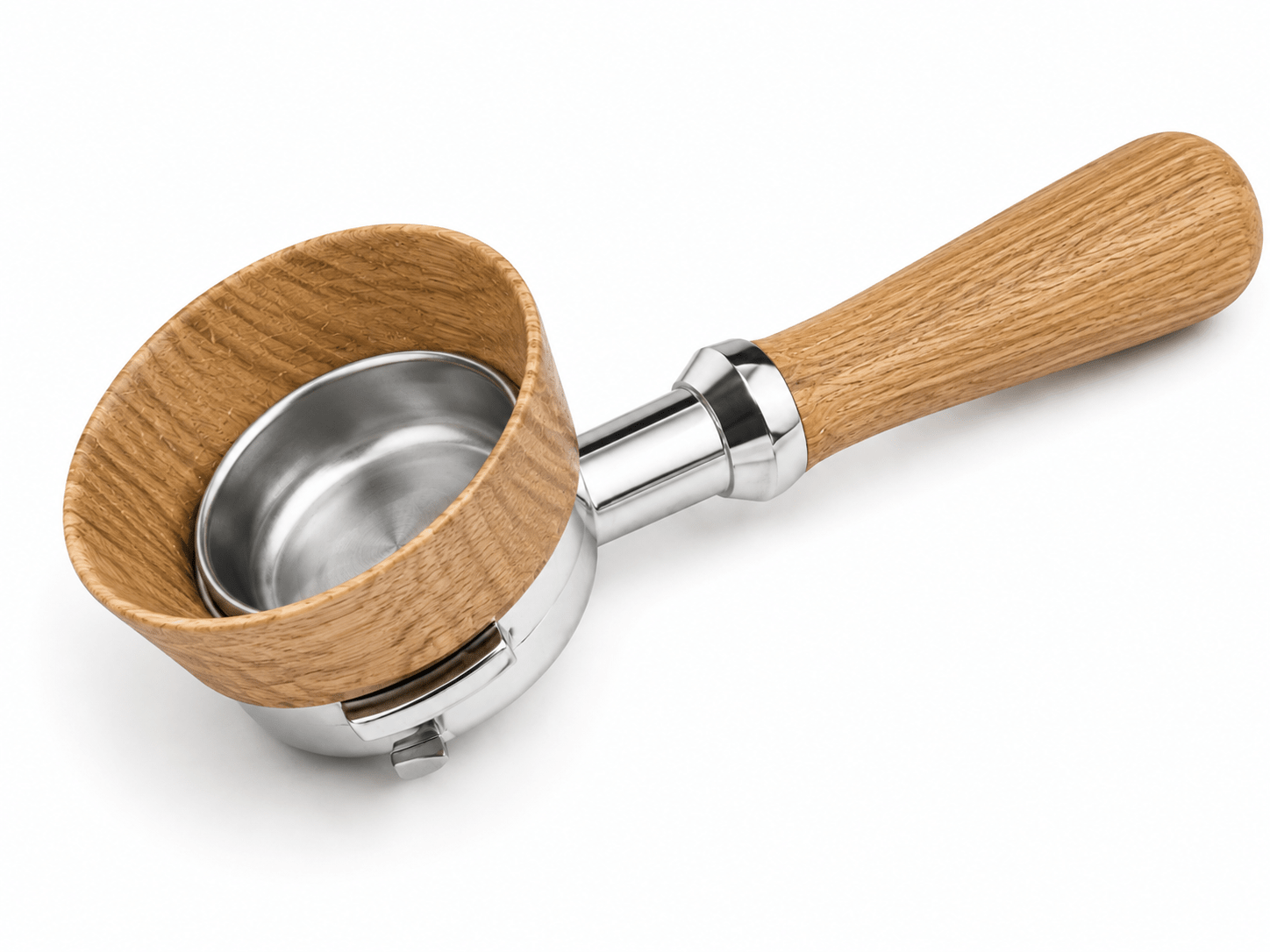 A coffee portafilter with a light oak wood outer cup and a stainless steel inner filter, featuring a matching wood and steel handle, shown on a white background.